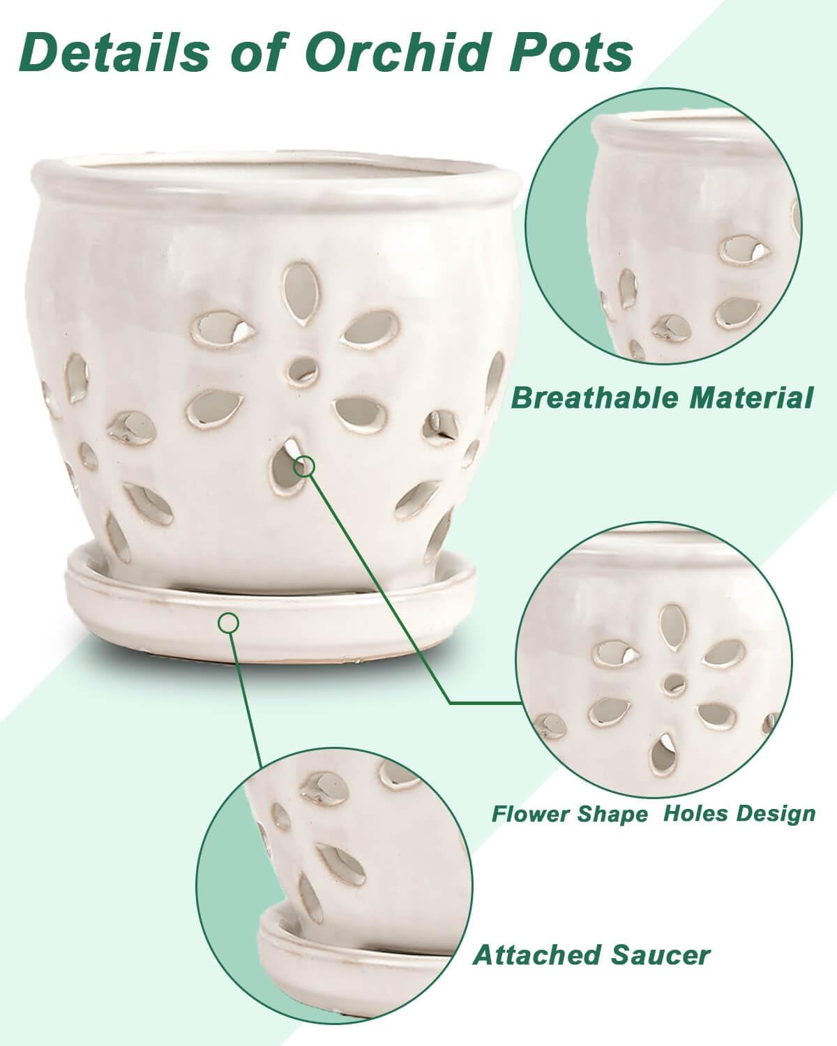 vensovo 5 Inch Ceramic Orchid Pots with Holes and Saucers - 1 Pcs Small Succulent Pot for Repotting, Garden Flowerpots for Plants Indoor and Outdoor Promotes Air Circulation, White