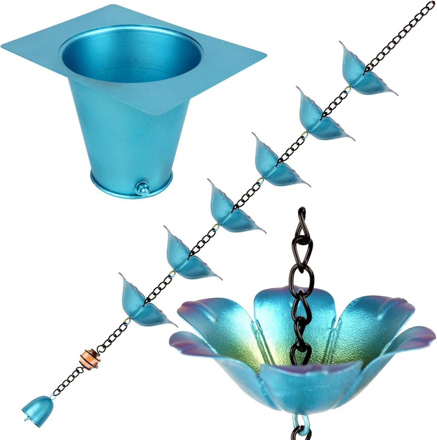 9FT Wrought Iron Rain Chain Set with 1 Adapter,Rain Chains for Outside with Rain Chain 16 Cups Flowers and Decorative Small Bell (Blue-Purple)