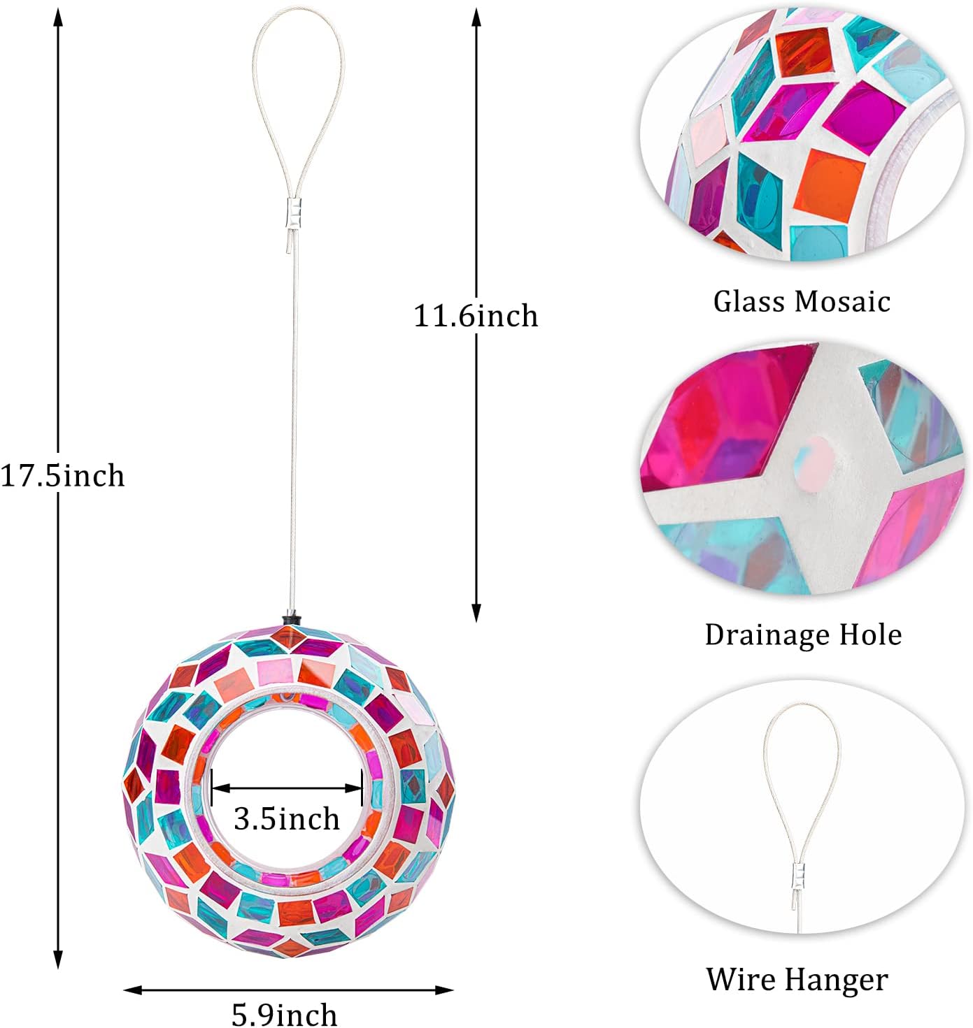 Yinns Glass Bird Feeders Outside, Hanging Mosaic Bird Feeder, Round Shape Fly Through Container Wild Birdfeeder for Garden, Backyard Decor