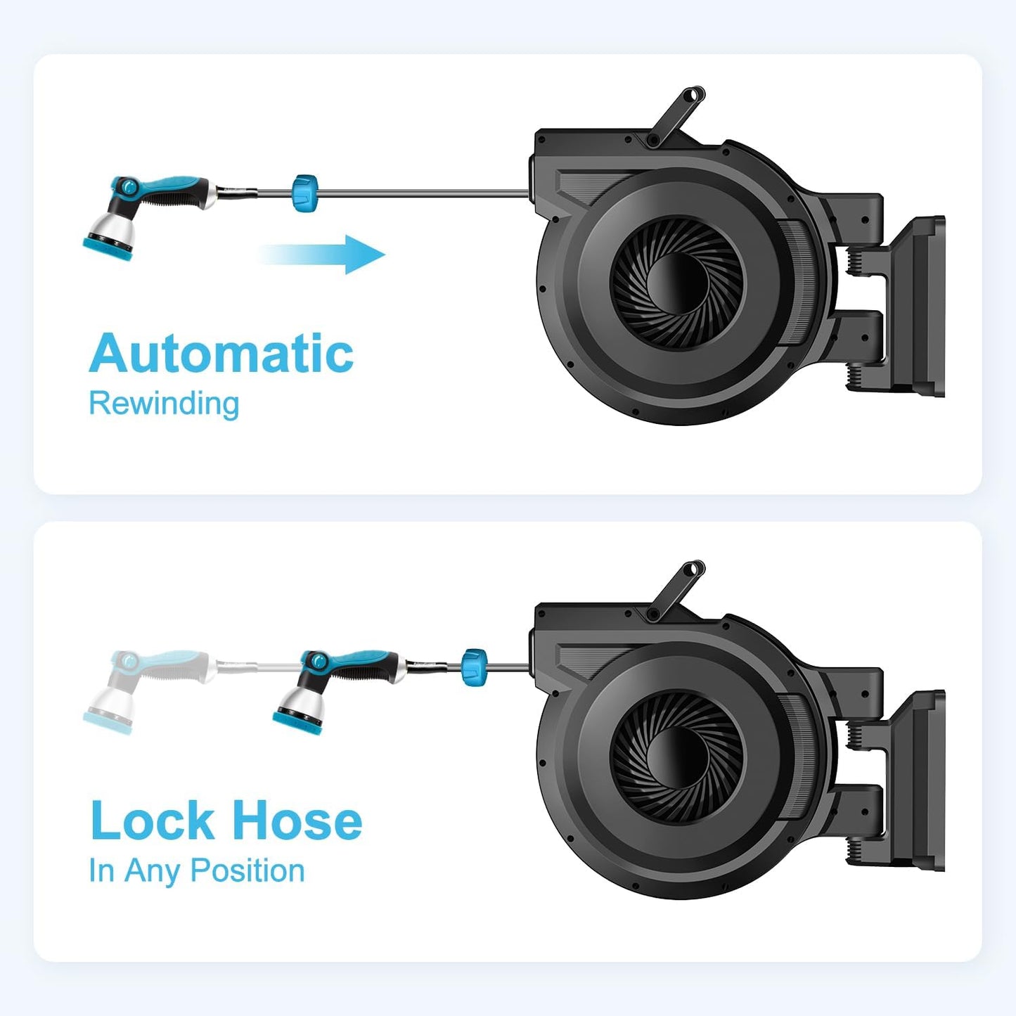 Retractable Garden Hose Reel - 5/8 inch x 80 ft Wall Mounted Hose Reel with 10 Pattern Nozzle & Any Length Lock, Heavy Duty Water Hose Supports Automatic Rewind & 180° Swivel, Black