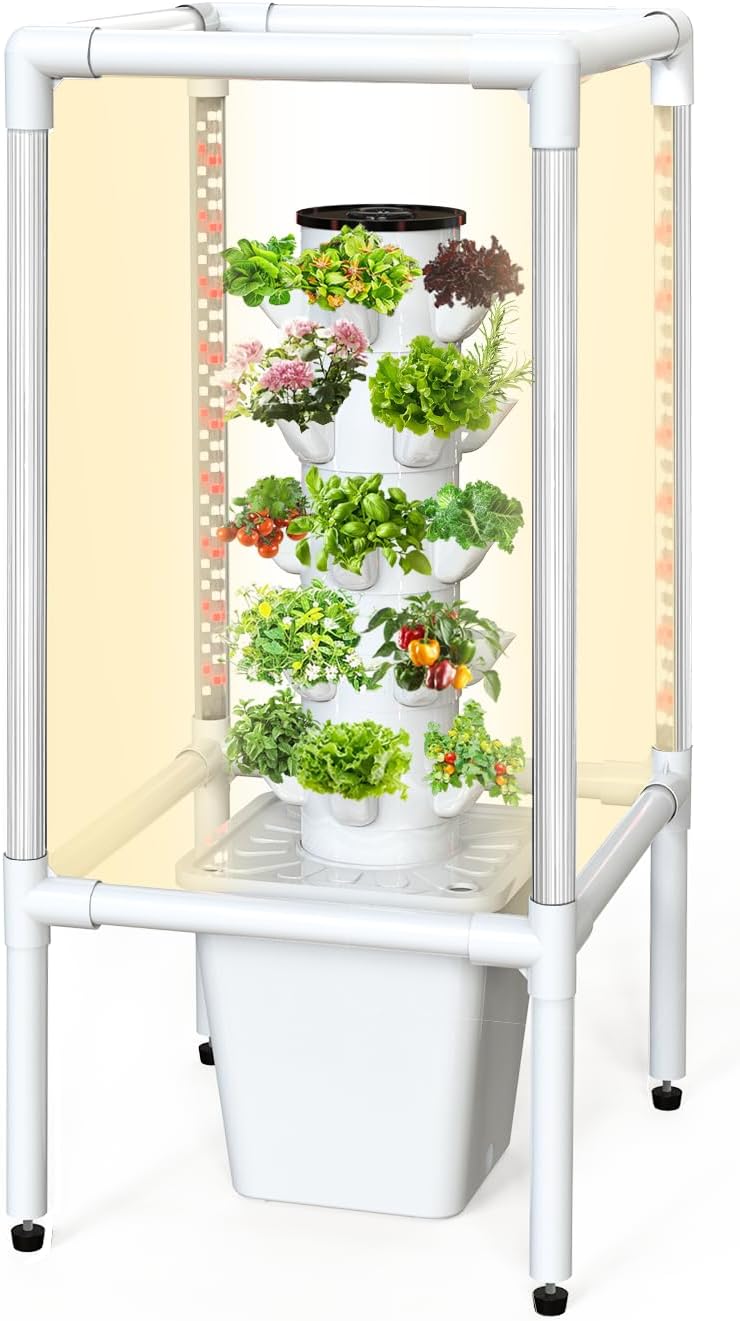 SJZX Hydroponics Growing System, Hydroponic Tower with Full-Spectrum Grow Lights, 5 Tiers Indoor Outdoor Garden Planter, Vertical Home Gardening Germination Kits for Vegetables, Fruits, Herb (25 Pods)