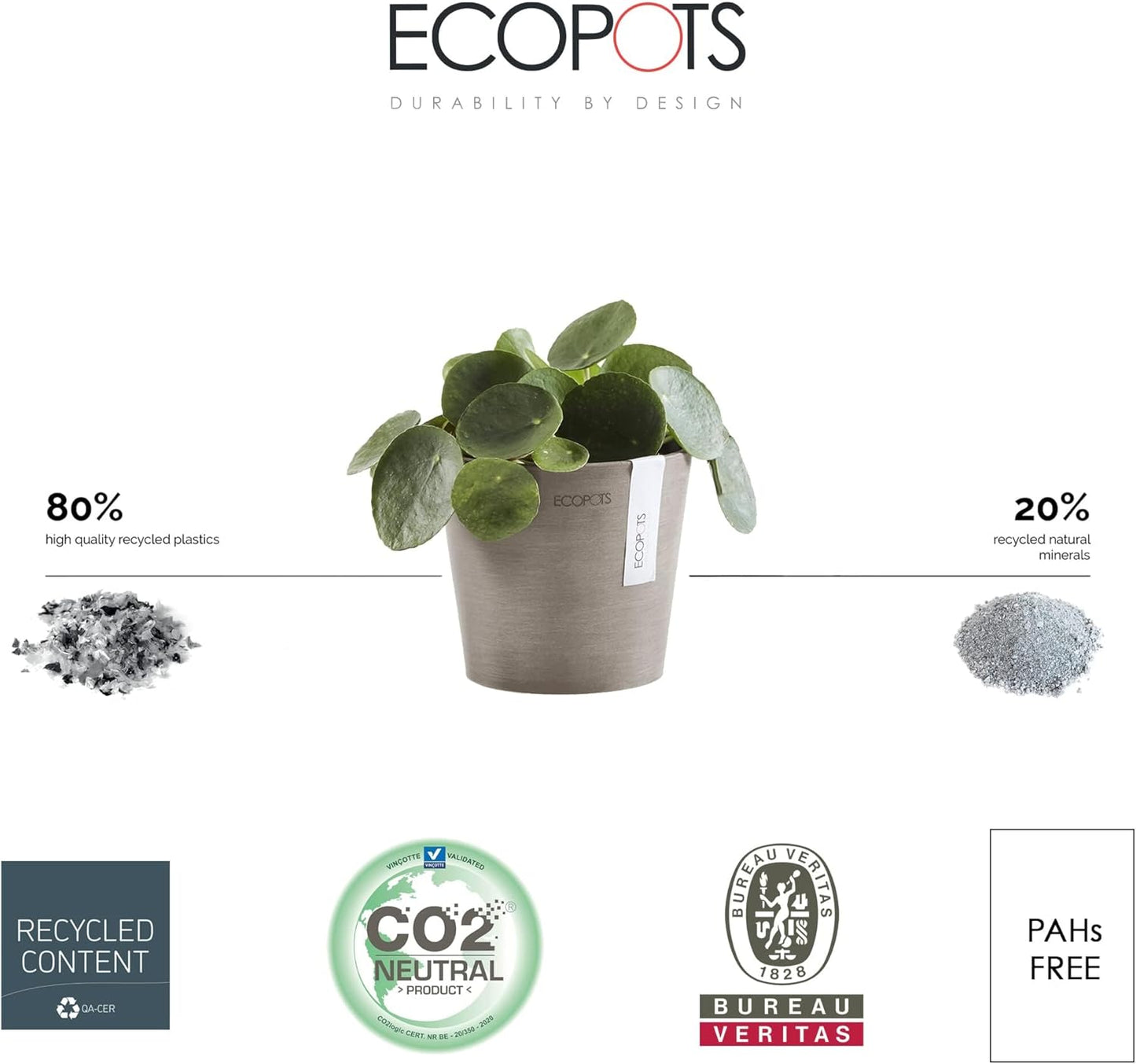 Ecopots Amsterdam Mini Durable Modern Round Recycled-Based Composite Flower Pot Planter, Taupe, 5"