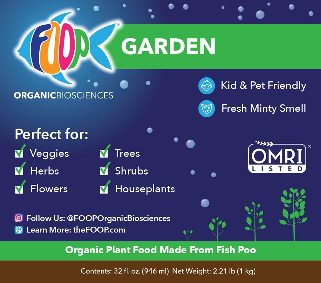 FOOP Garden - Organic Liquid Plant Food Made from Fish Manure (with Fresh Minty Scent) | Fish Fertilizer Alternative Perfect for Veggies, Herbs, Flowers,Trees,Shrubs | Kid&Pet Friendly (1G, 2 Pack)