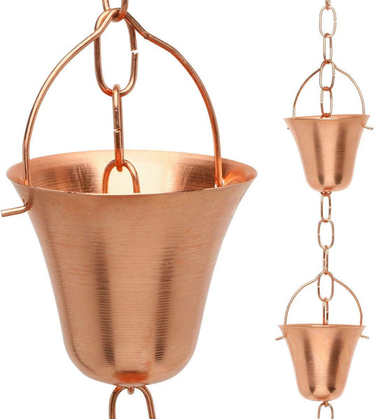 Copper Rain Chain – Decorative Chimes & Cups Replace Gutter Downspout & Divert Water Away from Home for Stunning Fountain Display – 6.5’ Long for Universal Fit – Bell Style
