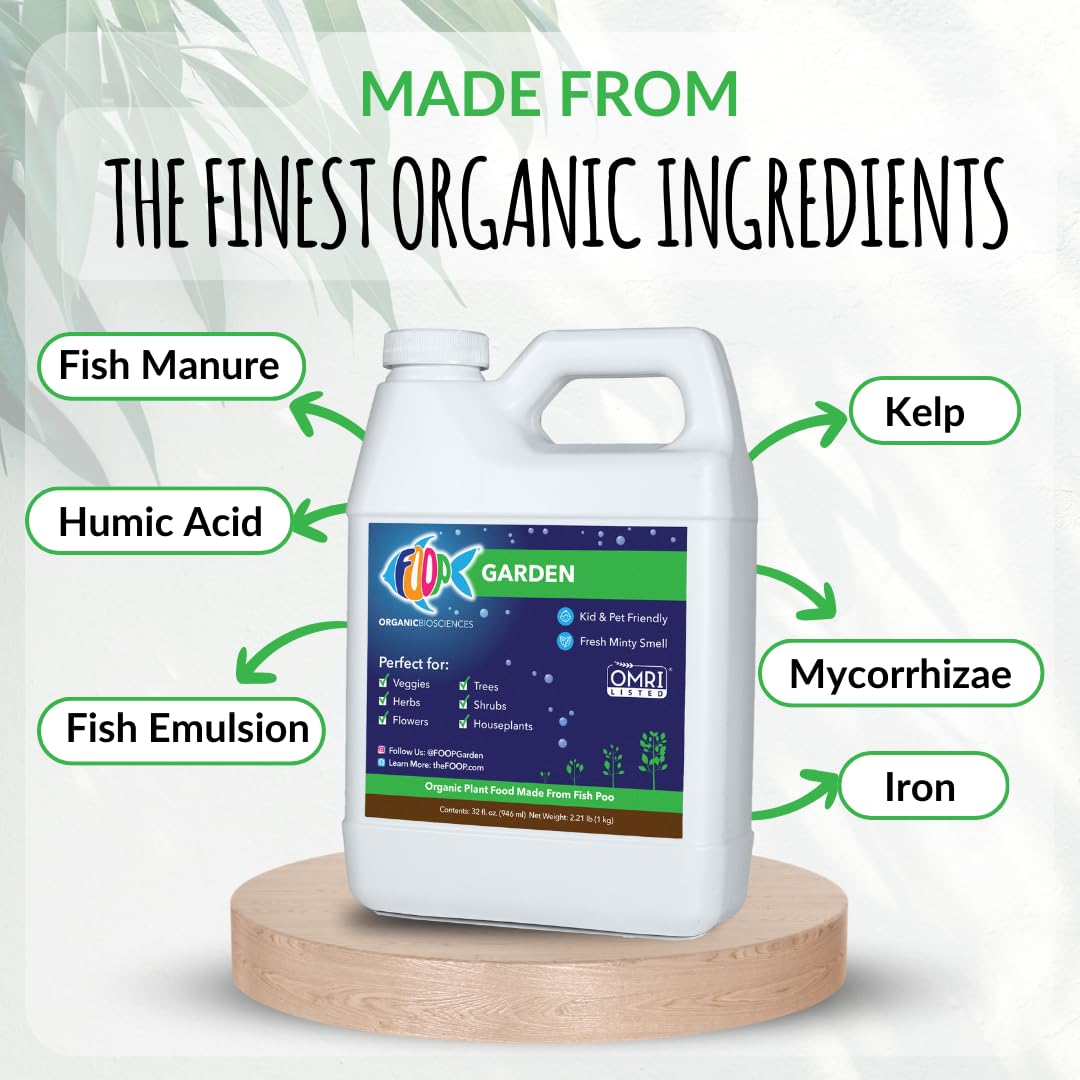 FOOP Garden - Organic Liquid Plant Food Made from Fish Manure (with Fresh Minty Scent) | Fish Fertilizer Alternative Perfect for Veggies, Herbs, Flowers,Trees,Shrubs | Kid&Pet Friendly (32oz, 2 Pack)