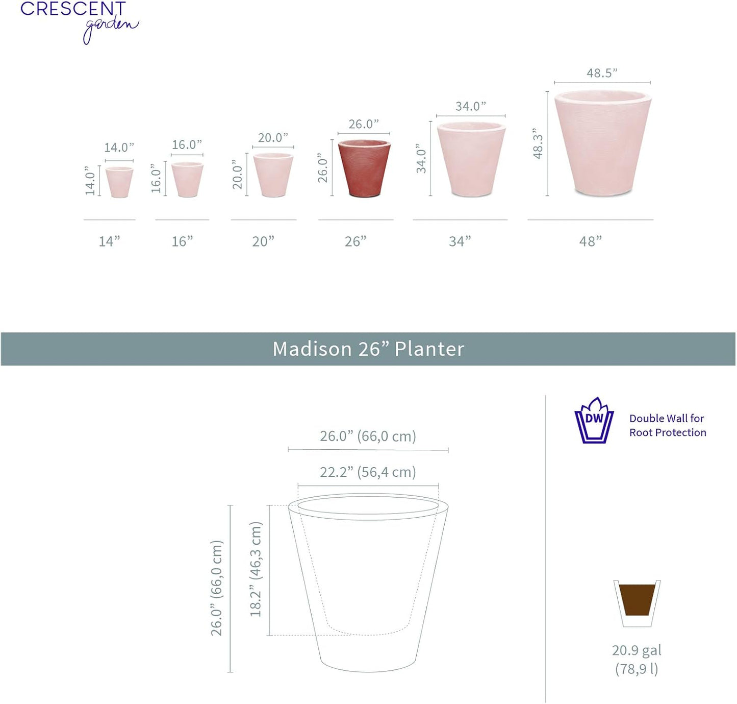 Crescent Garden Madison Planter– Weather-Resistant, Double Walled Indoor/Outdoor Plant Pot with Drain Hole – Large Plastic Plant Pot, 26" W (Cloud White)