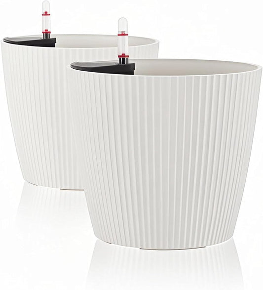 Dexceder 9x8 Self Watering Planters Indoor, Inner Mat Design, Table Flower Plant Pot with Water Level Indicator (2 Pack, White)