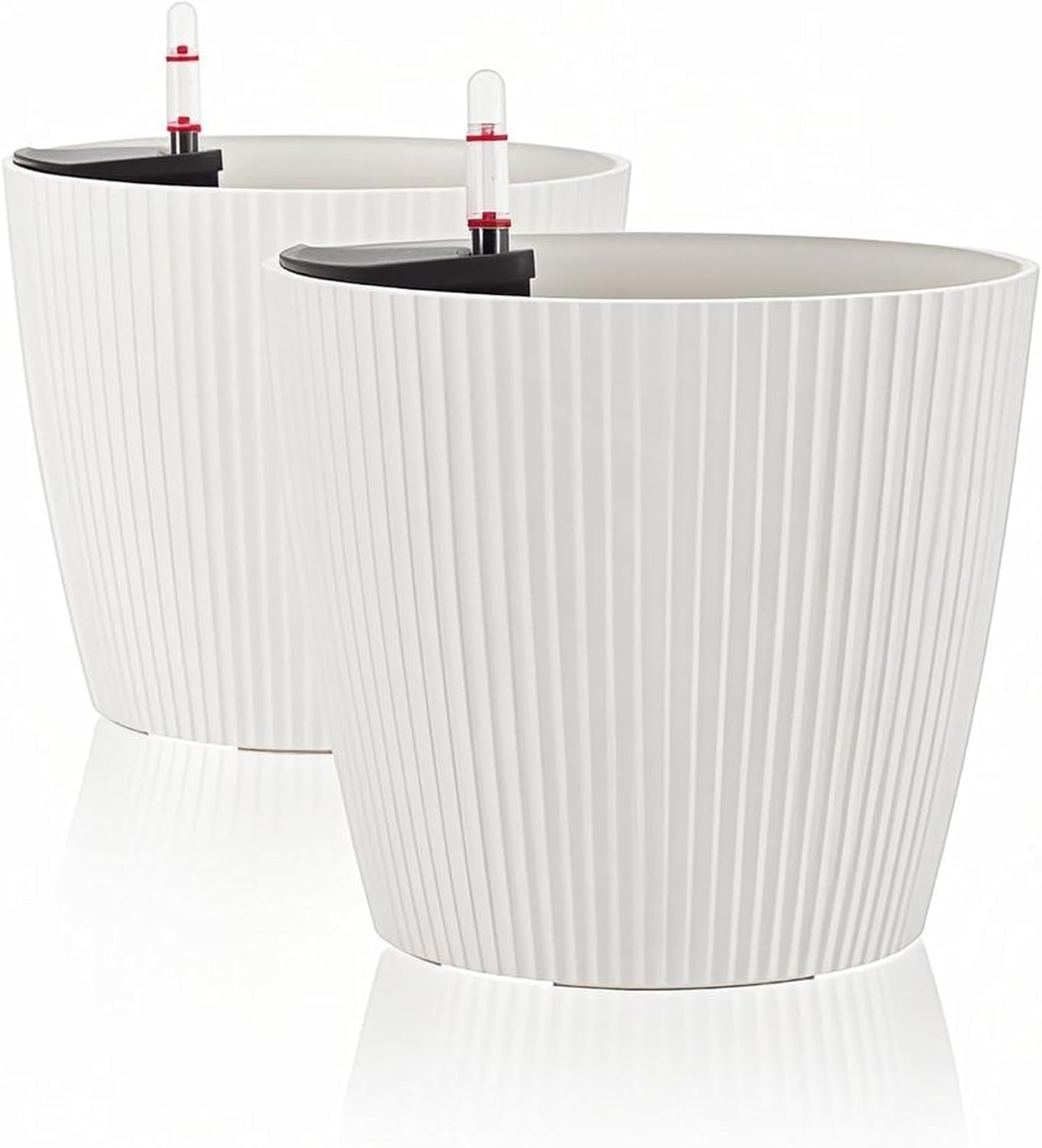 Dexceder 11x10 Self Watering Planters Indoor, Inner Mat Design, Table Flower Plant Pot with Water Level Indicator (2 Pack, White)