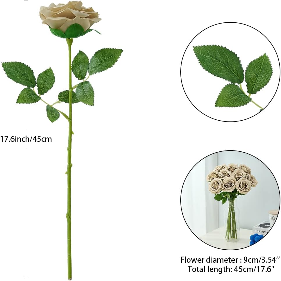 Artificial Rose 10pcs Open Flower Bouquet Faux Rose Stems for Wedding Arrangement, Bridal Bouquet, Centerpiece, Fake Faux Silk Flowers (Sand)