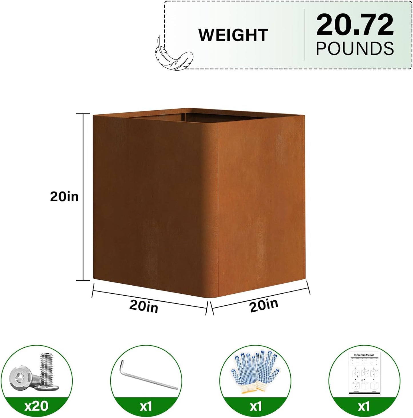 Corten Steel Planter Box 20" L x 20" W x 20" H,Large Metal Square Planter for Outdoor Plants,Metal Cube Flower Pot with Drainage Hole for Porch Hotel Patio Yard