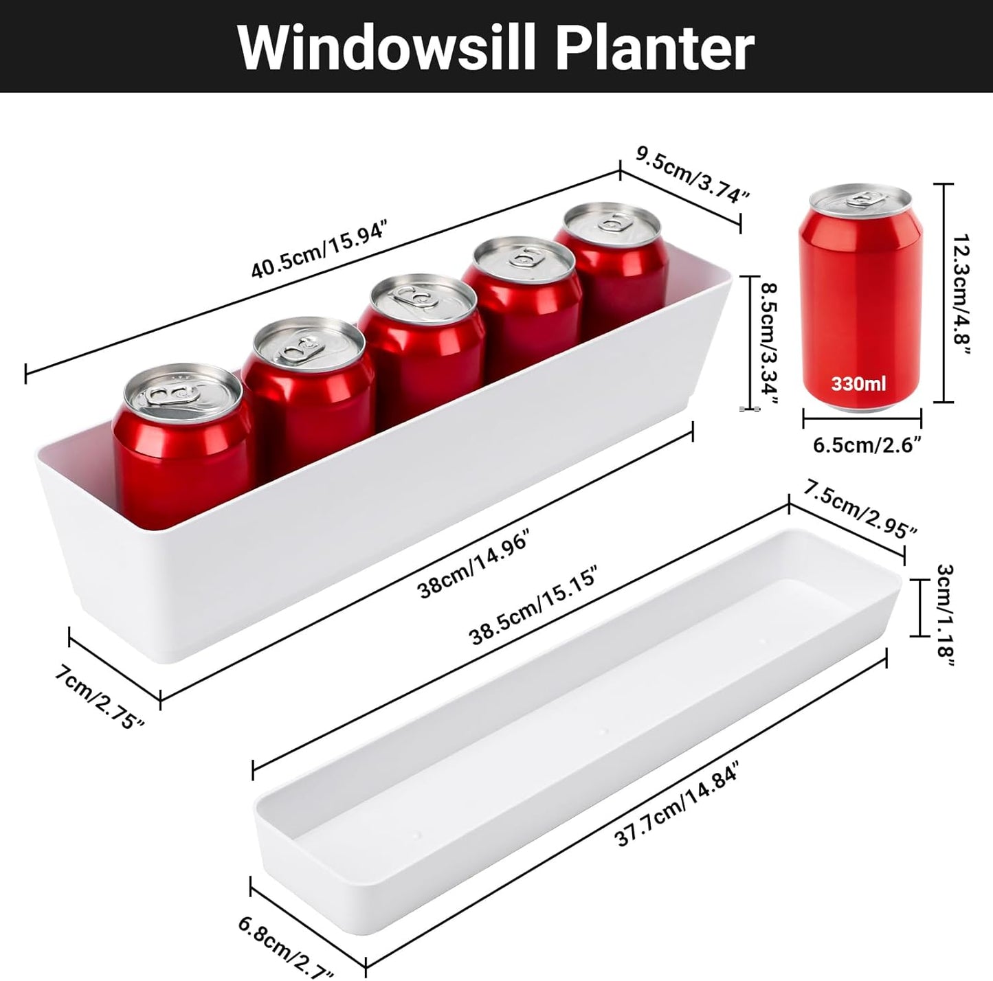 GREANER 16x3.8 Inch Window Boxes Planters, 1PCS White Vegetable Herb Planters with Tray, Indoor Succulent Cactus Flowers Plastic Rectangle Pot for Balcony, Office, Garden, Outdoor, Windowsill