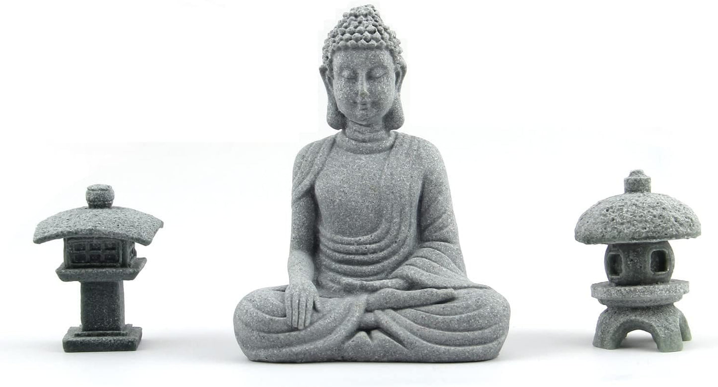 Buddha Statue and 2 Japanese Lantern Pagoda Statues - Zen Garden Accessories for Home and Mini Meditation Decor