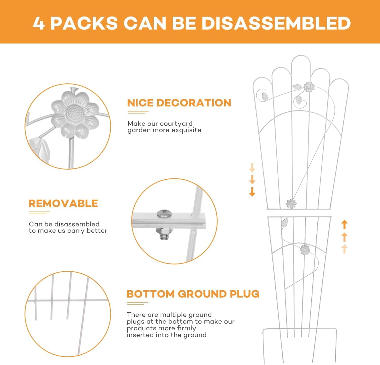 Metal Trapezoidal Garden Trellis for Indoor Plants, Patio Trellis for Climbing Plants Outdoor, 60-inch Sturdy Removable Plant Stand for Roses, Vegetables, and Flowers in Garden, 4 Pack-White