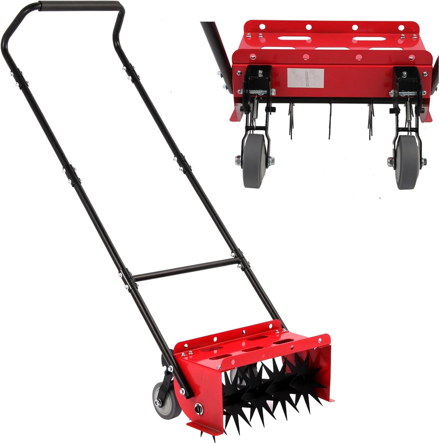 Lawn Aerator,16.5 inch Push Spike Aerator with Side skids, Height Adjustable Rear Wheel Pushed Aerator Lawn Tool, 2025 Upgraded Rolling Manual Tiller,Suitable for Lawn, Garden and Yard.