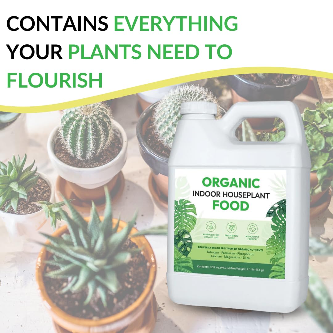 Organic Indoor Houseplant Food - Use on All Live Indoor Plants, Orchids, and Succulents | Concentrated Liquid Fertilizer Alternative (32oz, Mixes to 32 Gallons)