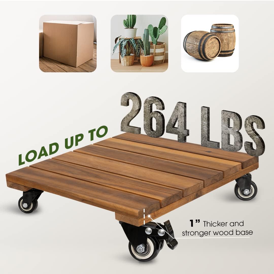 2pack Wood Plant Caddy With Wheels Heavy Duty, 264 Lbs Capacity, 12 Inch Acacia Hardwood Plant Dolly, Plant Stand with 360° Lockable Wheels for Plant Pots, Heavy Objects Hauling - Natural Wood
