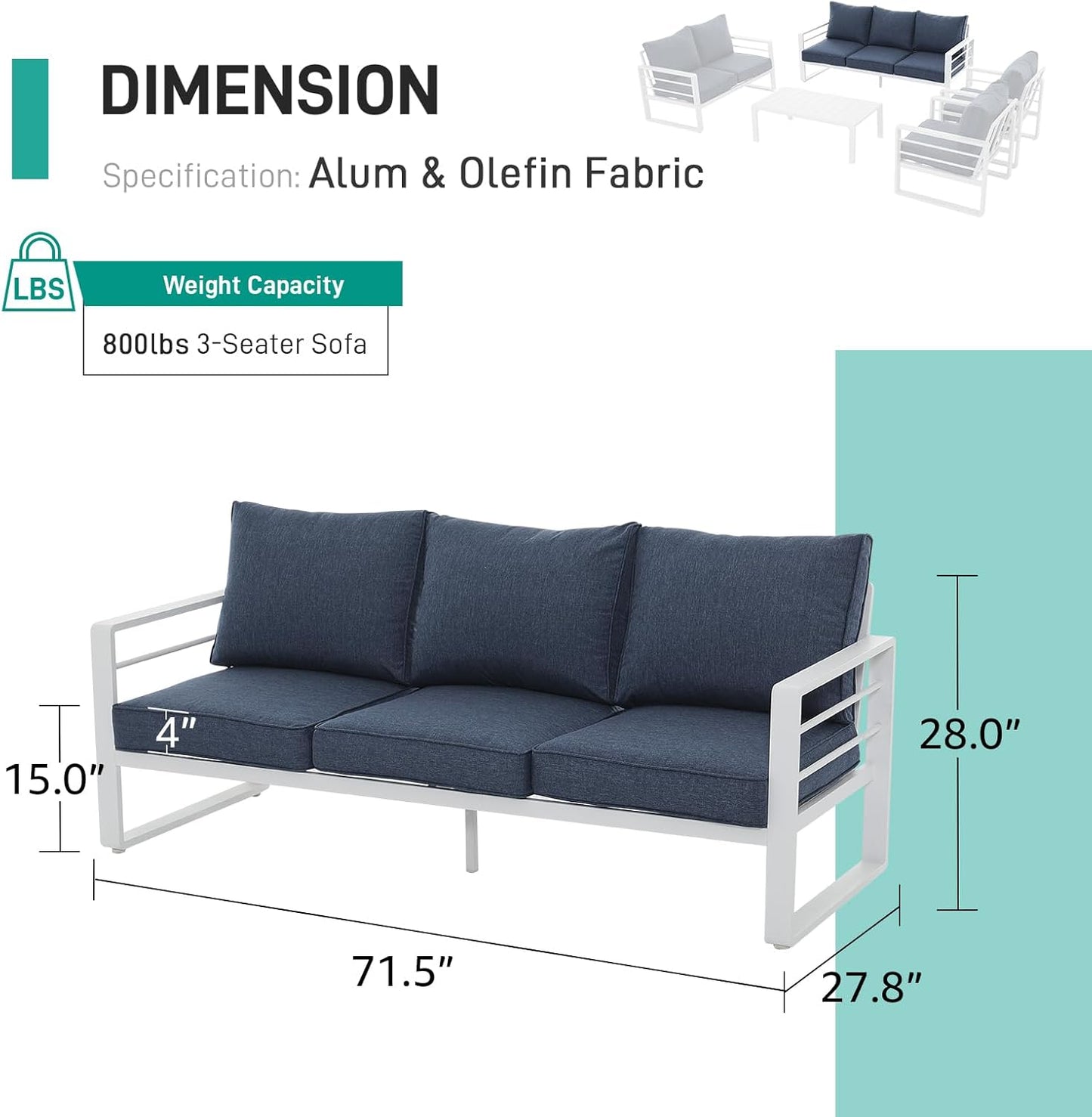 Patiorama Aluminum Patio Furniture Set, Outdoor Patio 3-Seater Sofa, 3 Seats Couch, All Weather White Metal Chair with Olefin Cushion, Deep Seating, 800 lbs Capacity, Deck, Garden-Blue Cushion