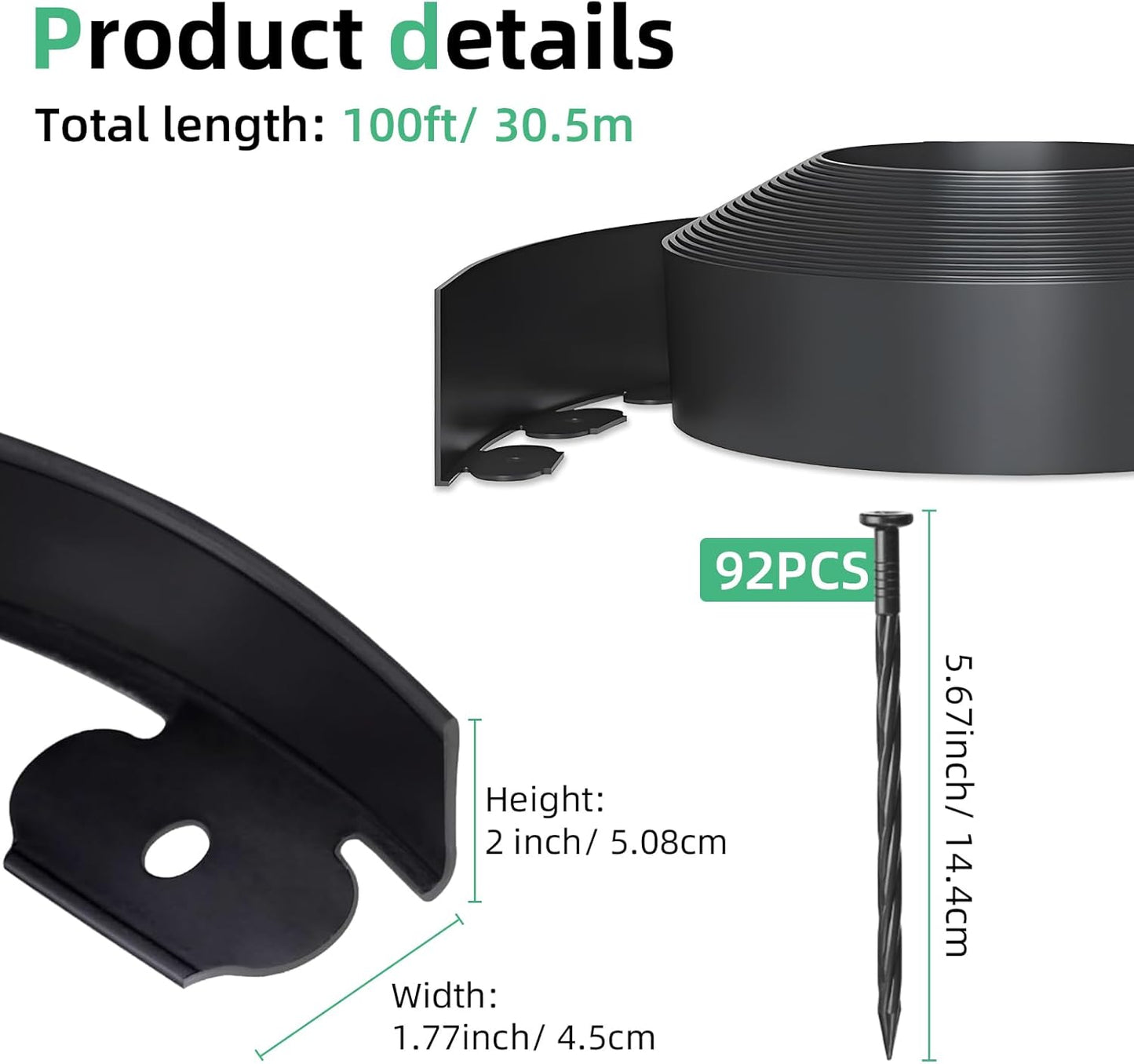 2 in x 100 Ft Garden Landscape Edging, No Dig Garden Edging Border Kit with Spikes for Flower Bed Lawn Yard Grass Black