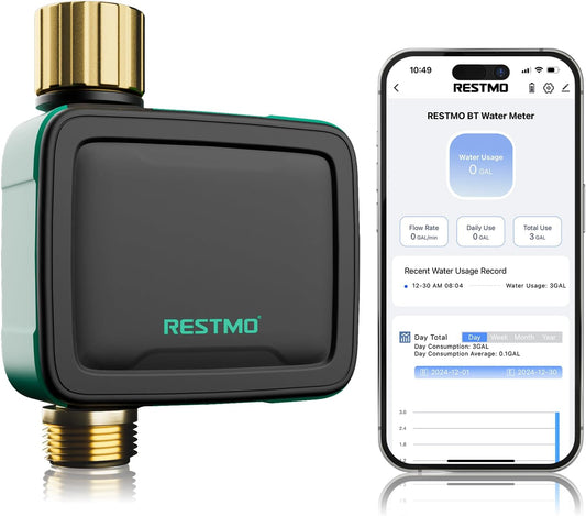 RESTMO Smart Sprinkler Timer with Flow Meter, Water Timer for Garden Hose, Brass Inlet & Outlet, Automatic Lawn & Yard Irrigation Watering System, APP Control (Bluetooth Connection, Not Include Hub)