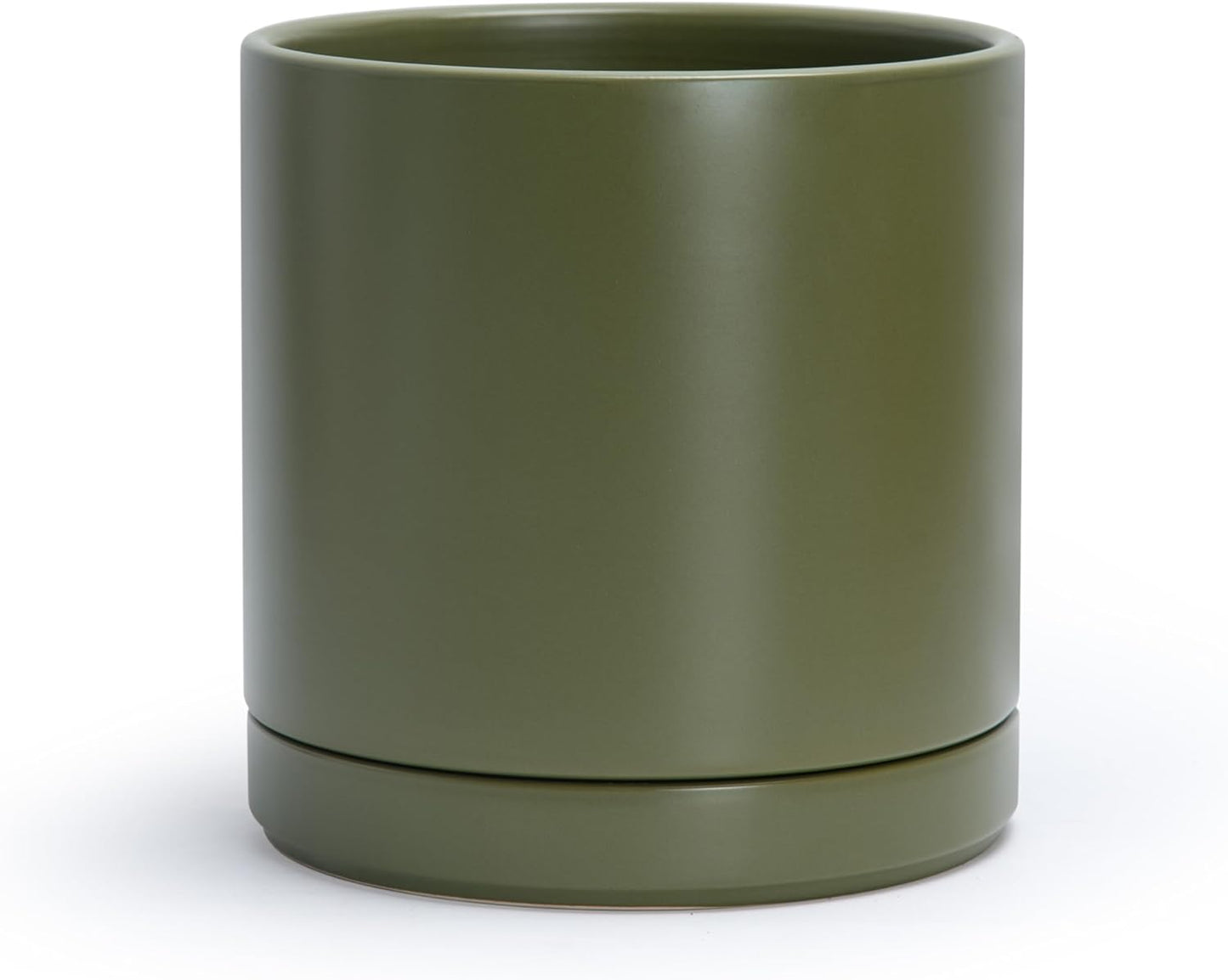 D'vine Dev 10 Inch Ceramic Planter Pot with Drainage Hole and Saucer, Indoor Cylinder Round Planter Pot, Olive, 94-O-E-J