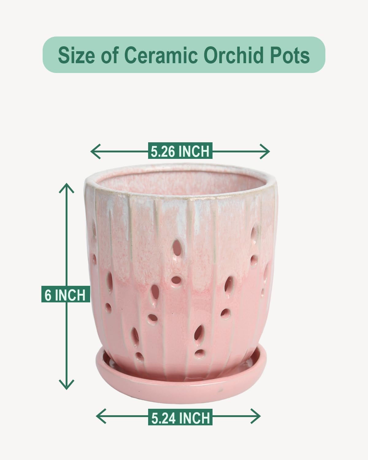 vensovo 6 Inch Ceramic Orchid Pot - Orchid Pot with Holes for Repotting, Ceramic Planter with Saucer for Indoor/Outdoor Plants, Pink