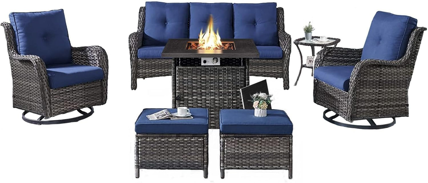Outdoor Patio Furniture Set with Propane Fire Pit Table, 7 Pieces Wicker Patio Conversation Set with 2 Swivel Glider Rocker Chairs Rattan Sofa Blue Cushion Perfect for Casual Gathering Gray