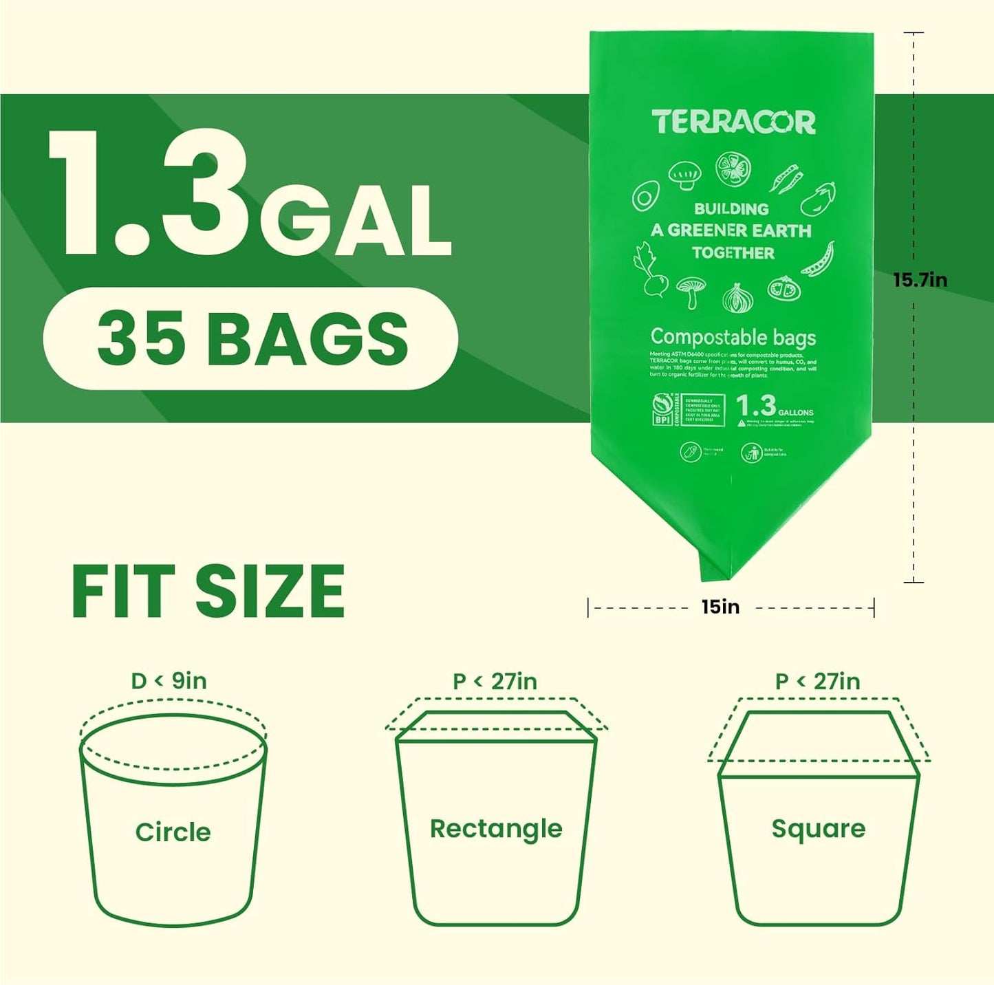 1.3 Gallon Compostable Trash Bags, 35 Bags Compost Bags for Countertop Bin, BPI Certified and Meet The ASTM D6400 Standard，Compostable Trash Bags in Dispenser Packs