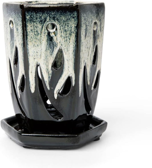 rePotme 4 x 6 inch Ceramic Orchid Pot (Honey Cream Over Coffee) - Hexagon Orchid Pot with Holes