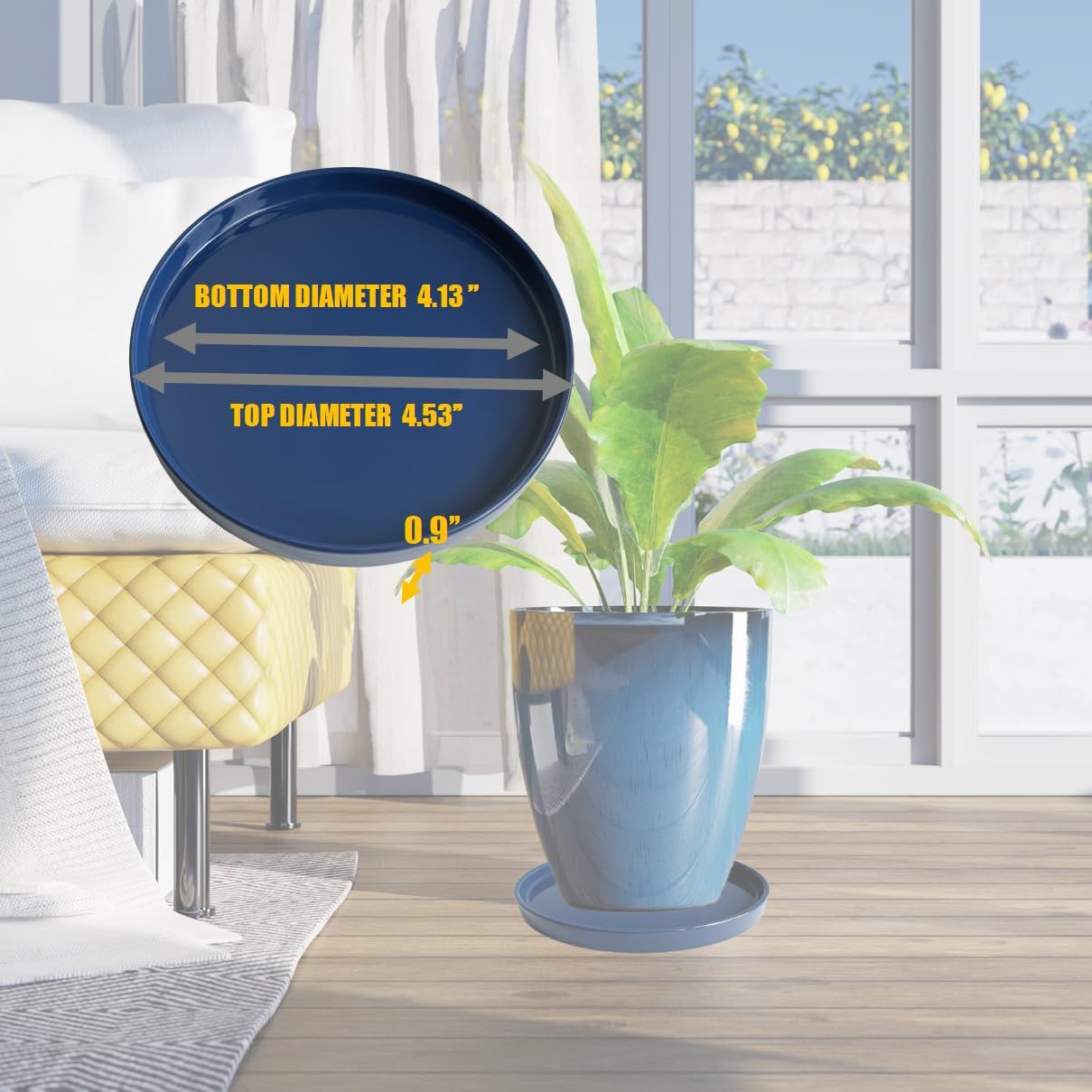 Plant Saucer Pot Tray Planter Saucers 4 Pack 4 inch, 5 6 7 8 9 10 11 12 13 15 Inch for Indoors Outdoor, Durable Sturdy Ceramic Flower Drainage drip Water Tray for Glazed Pots Base ((4.5"/4.1"-Blue)