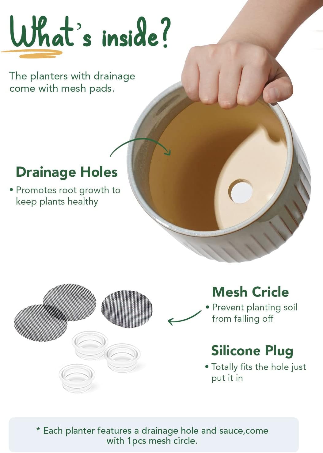 LE TAUCI Fluted Ceramic Planters Set of 3 – 8.3/7 / 5.7 in Blue Gray Reactive Cylinder Indoor Plant Pots with Drainage Plug & Mesh, Glossy Stoneware Flower Pots for Succulents Herbs