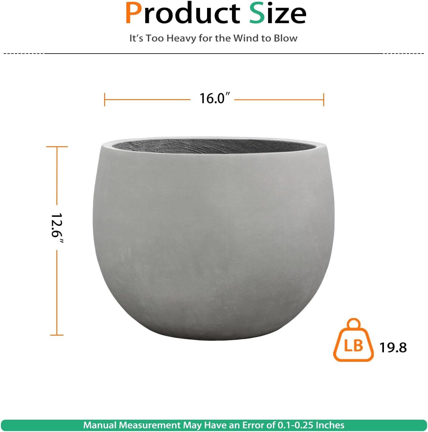 Ball Concrete Planter Outdoor Indoor, Large Tall Cement Plant Pots for Trees Flowers (Gray, 16 inch)