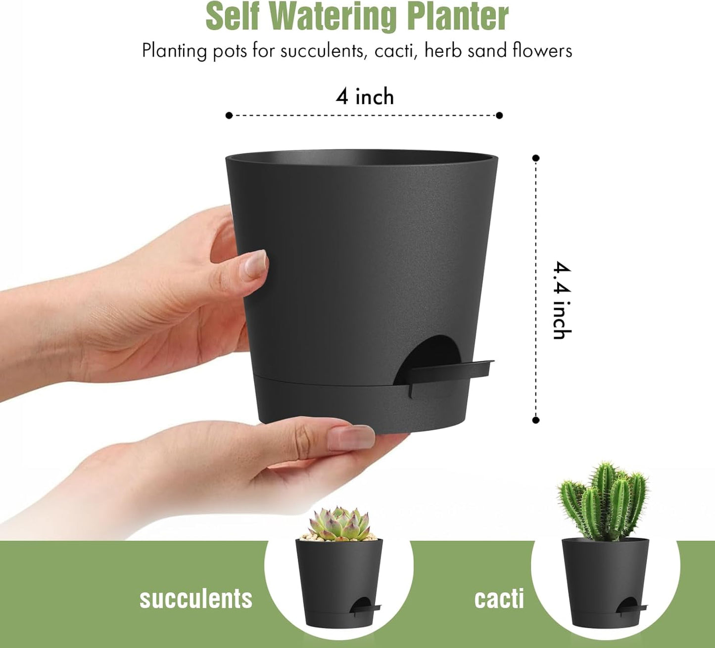 4 inch Self Watering Pots for Indoor Outdoor Plants, 6 Pack Plastic Flower Planters with Drainage Holes and Removable Saucers, Plant Pots with Wicking Rope, Modern Decor, Black