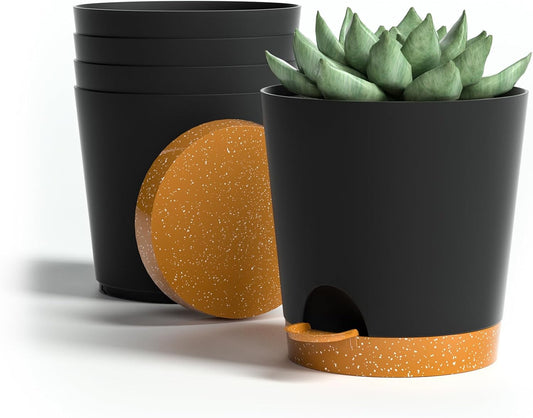 4 inch Small Plant Pots for Outdoor Indoor Plants, 5 Pack Planters with Drainage Holes and Tray, Small Self Watering Pots for Succulent,Cactus, Aloe and Other Plants (Black)