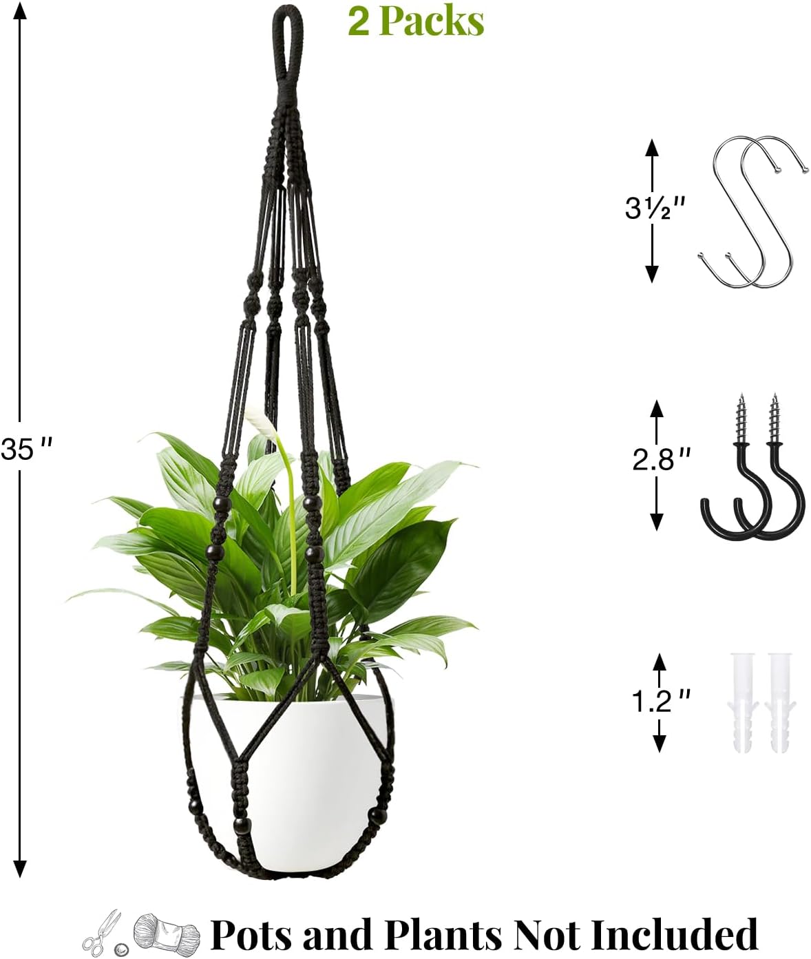 Macrame Plant Hanger Indoor Set of 2 with 4 Hooks, Indoor Outdoor Hanging Planter for Plants Holder with Decorative Wood Beads & No Tassels, Boho Home Decor, 35 Inch Black (Pots Not Included)