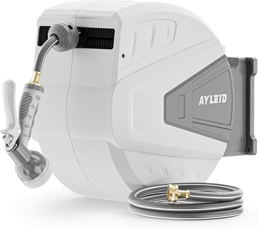 Ayleid Retractable Garden Hose Reel,5/8 in x 100 FT Wall Mounted Hose Reel, with 9- Function Sprayer Nozzle, Any Length Lock/Slow Return System/Wall Mounted/180°Swivel Bracket (Grey)
