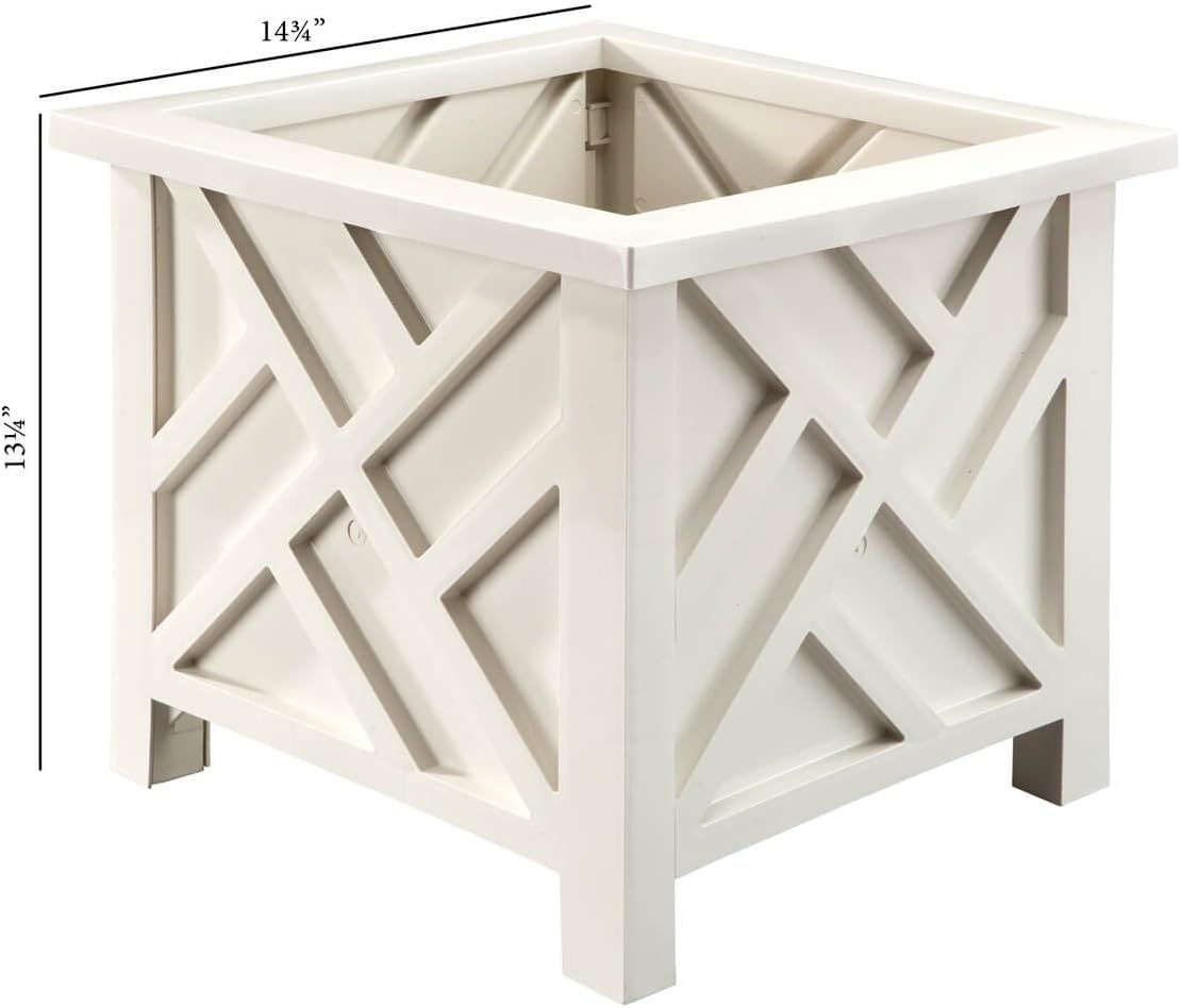 Miles Kimball 329156 Chippendale Planter Box, Plant Holder for Patio and Lawn, 14 ¾” sq. x 13 ¼ H Overall, White