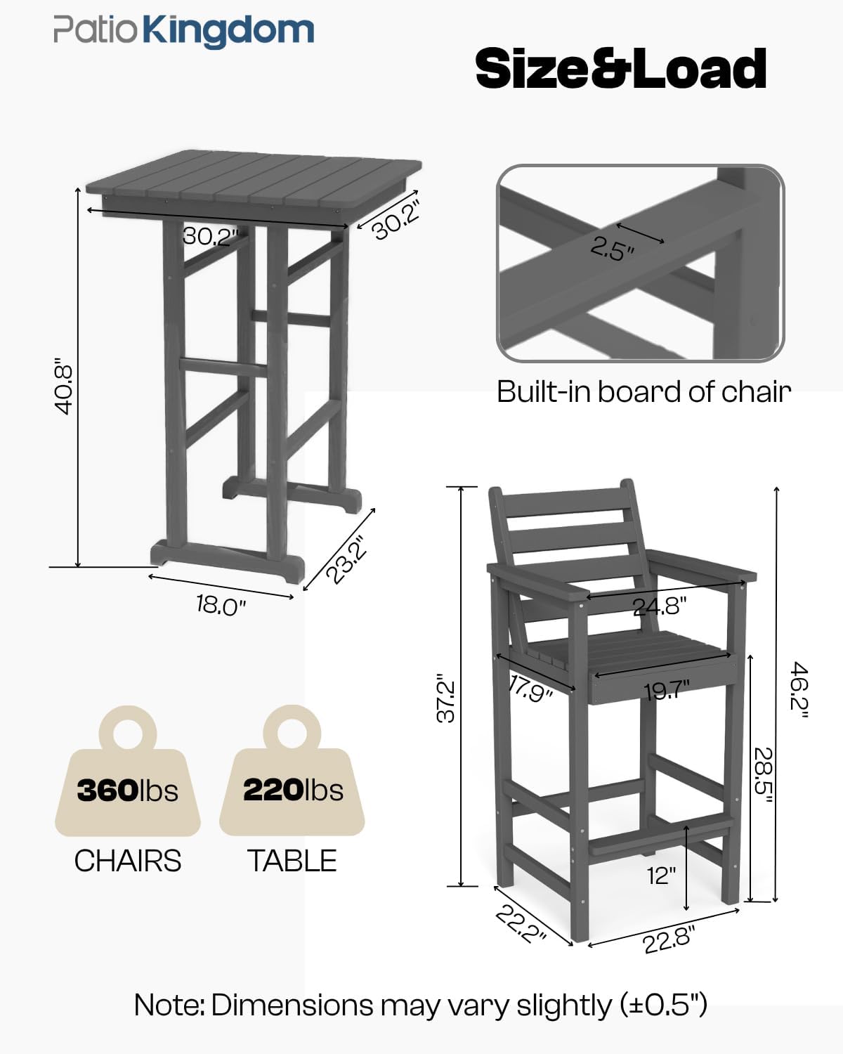 3-Piece Outdoor Bar Set with Beige 9FT Patio Umbrella, HDPE Tall Balcony Adirondack Chairs and Table, All-Weather Outdoor Bar Stools for Patio (Grey)