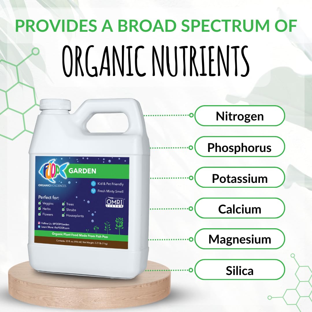 FOOP Garden - Organic Liquid Plant Food Made from Fish Manure (with Fresh Minty Scent) | Fish Fertilizer Alternative Perfect for Veggies, Herbs, Flowers,Trees,Shrubs | Kid&Pet Friendly (32oz)