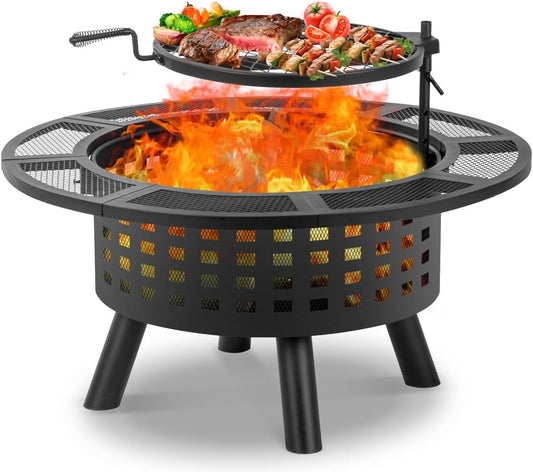 36 inch Outdoor Fire Pit with Grill,Wood Burning Fire Pits for Outside with Lid & Fire Poker,Metal 3-in-1 Firepit Table with Cooking Grate,Outdoor Firepit for Yard,Bonfire,Patio(Charcoal)