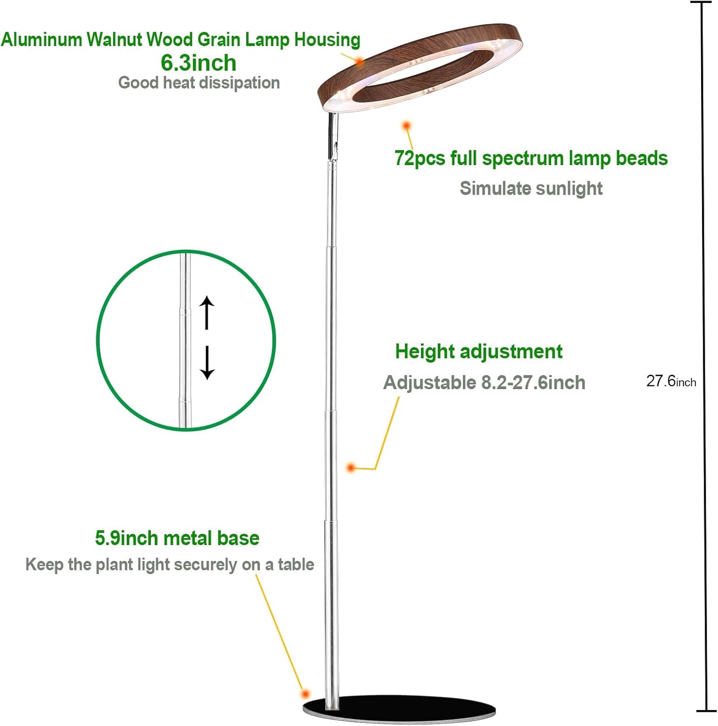 yadoker 72 LEDs Plant Grow Light for Indoor Plant,Aluminum Walnut Wood Grain Desk LED Grow Light, Height Adjustable,6.3" Aluminum Housing,Automatic Timer with 8/12/16 Hours,10-Level Brightnes