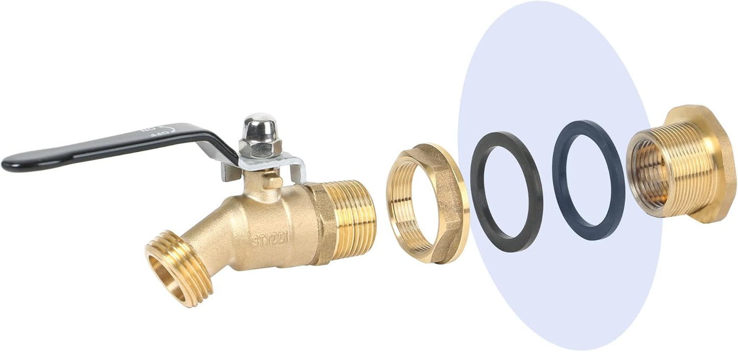 STYDDI Solid Brass Rain Barrel Spigot, Strong Flow Water Barrel Faucet with Large Handle, Quarter Turn Ball Valve Faucet with Bulkhead Fitting for Water Tanks, Water Storage Barrels, Rain Buckets