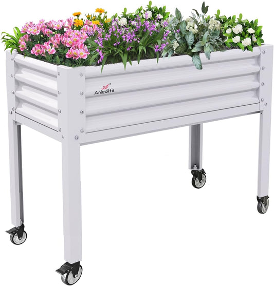 A ANLEOLIFE Galvanized Raised Garden Bed with Legs,48x24x35in Large Elevated Planter Box on Wheels with Drainage Holes for Backyard, Balcony, Patio, 600lb Capacity, Antique White
