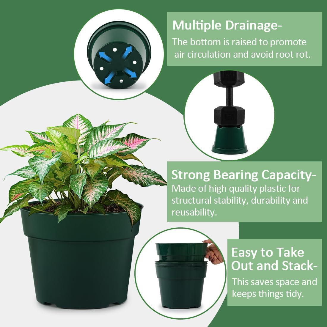 15 Pack 4/6/8 Inch Plant Nursery Pots, Thickened Plastic Pots for Plants with Drainage Holes, Sturdy Seedling Pots, Seed Starting Pot, Flower Pots for Indoor Outdoor Plants, Green