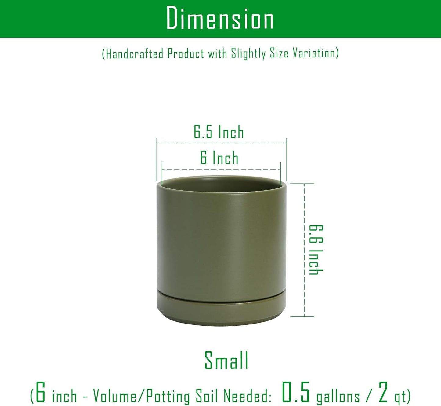 D'vine Dev 6 Inch Ceramic Planter Pot with Drainage Hole and Saucer, Indoor Cylinder Round Planter Pot, Olive, 94-O-C-J