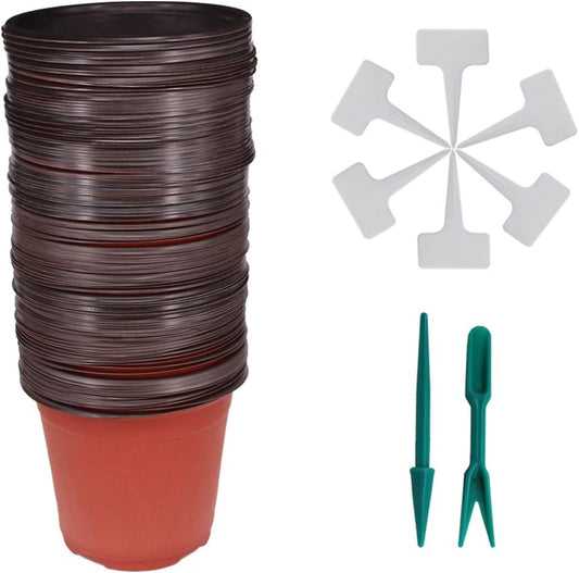 80 Pcs 6" Plastic Seedlings Plants Nursery Pots with 80 Pcs Waterproof Plastic T-Type Plant Tags and 2Pcs/Set Transplanting Digging Mini Tools