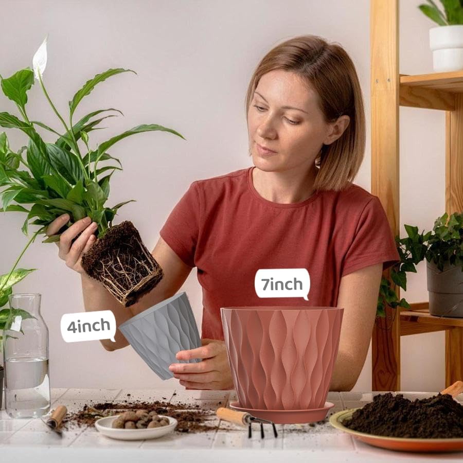 4/4.5/5/5.5/6/6.5/7 Inch Plant Pots,7 Pack Flower Pots with Drainage Holes and Trays,Plastic Planters for Indoor Outdoor Plants Growth,Multicolor