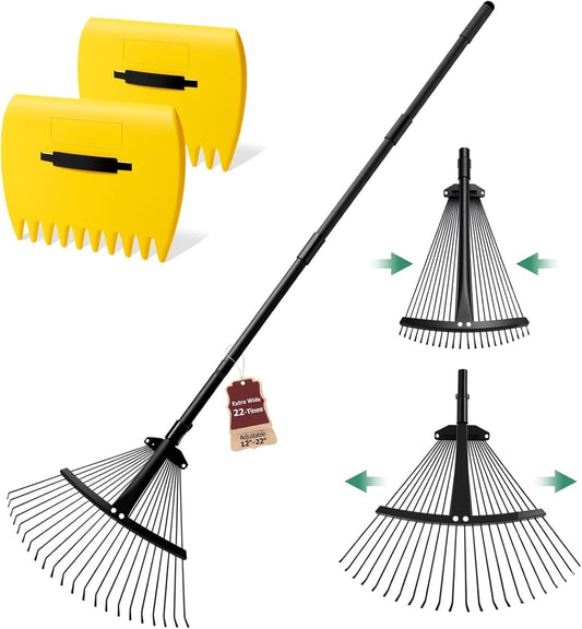 Extra Wide 22-Tines Adjustable Leaf Rake & Leaf Scoops Set, 12"-22" Width Adjustable Metal Garden Lawn Rake for Leaves, Heavy Duty & Lightweight for Flower Bed/Under Shrub/Pine Needle & Narrow Space