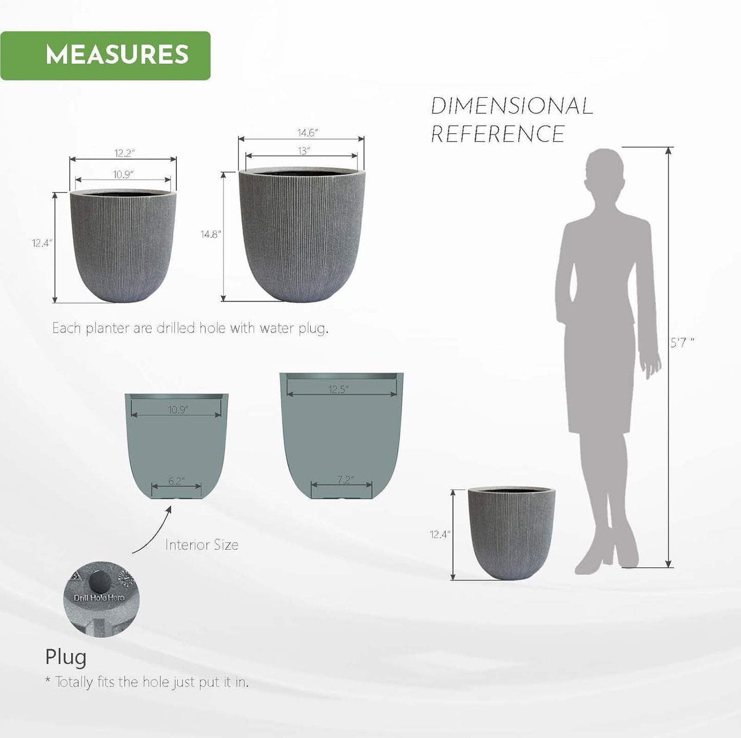 14.8" Tall Round Plastic Planter for Indoor Outdoor Plants, Large Indoor Outdoor Plant Pots with Drainage Hole and Plug, Flower Pots for Plants, Modern Decorative Planter Pots for Home Garden Patio