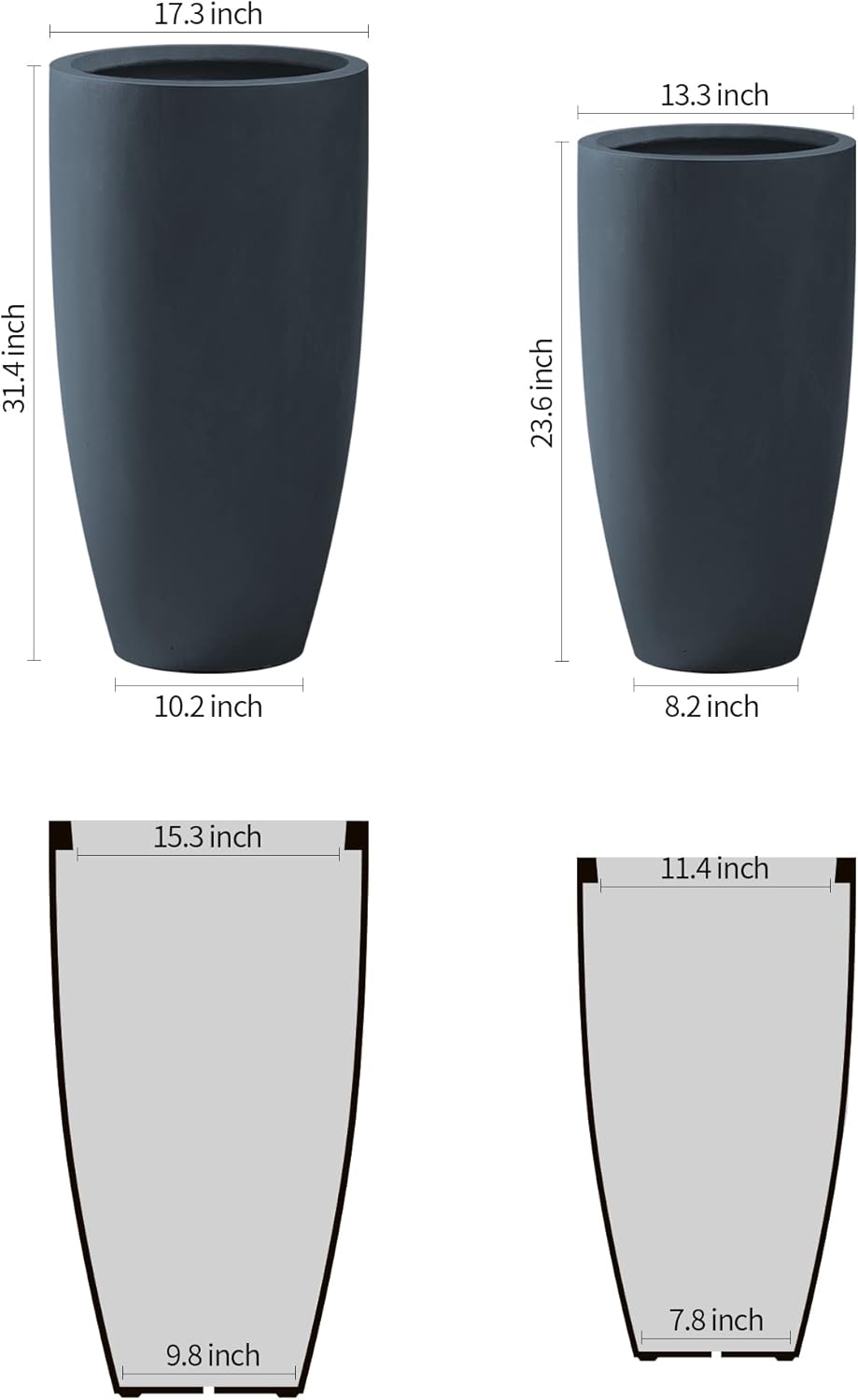 Kante 31.4" and 23.6" H Charcoal Finish Concrete Tall Planters Large Outdoor Indoor Decorative Plant Pots with Drainage Hole and Rubber Plug, Modern Tapered Style for Home and Garden