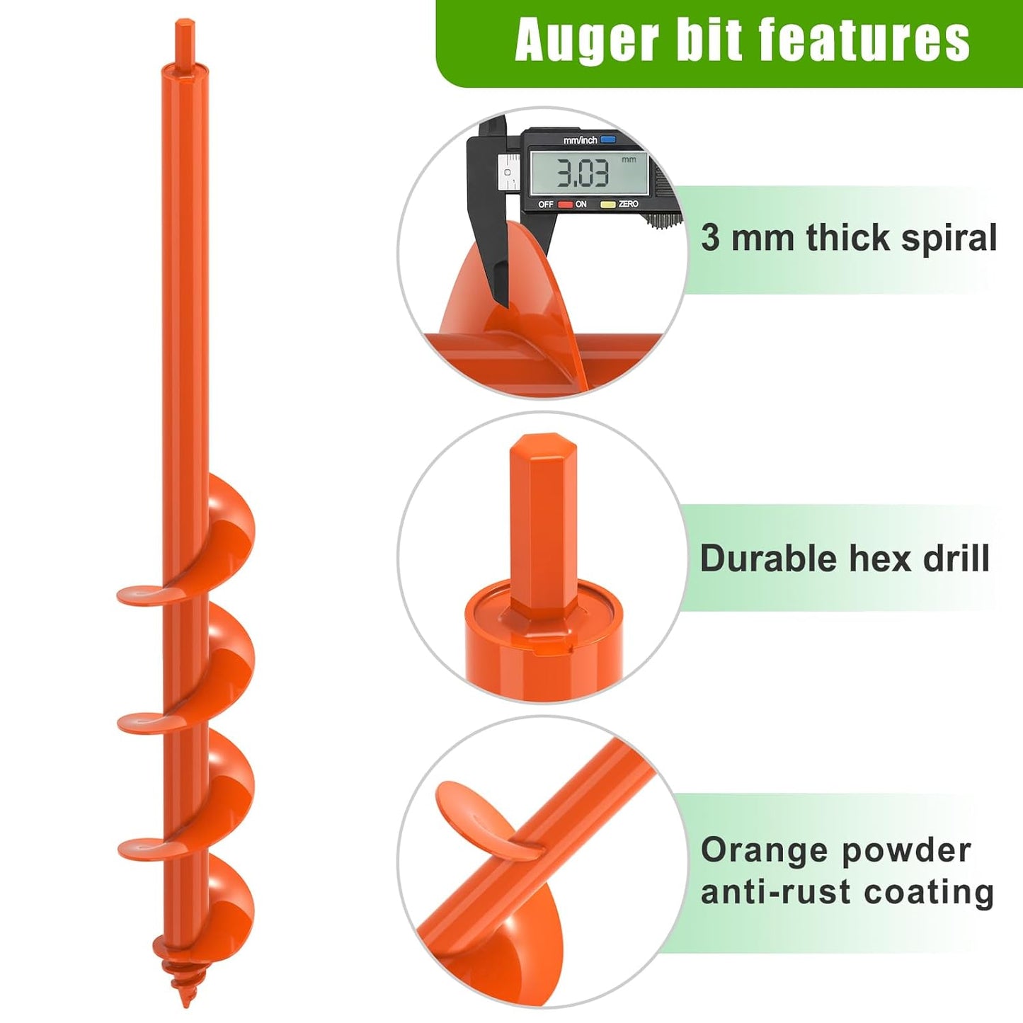 Auger Drill Bit for Planting 3 x 24'', Threaded Garden Auger Post Hole Digger, Spiral Drill Earth Dirt Augers for Bulb, Vegetables, Fence Posts and Umbrella Holes, Fits in 3/8” Drill Chuck